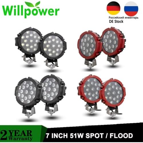 2PCS 7 inch 51W LED Work Light Round Spot Flood Driving Fog Lamp for Jeep 4x4 4WD Offroad Truck Tractor ATV SUV 12V 24V