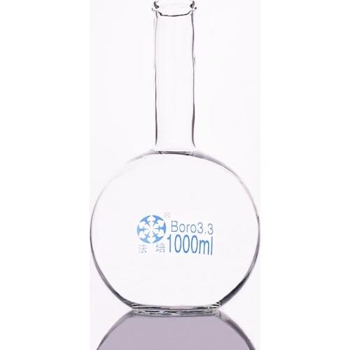 Boiling flask flat bottom long narrow neck,Capacity 1000ml,The O.D. of the neck is about 35mm,Long neck flask with normal mouth