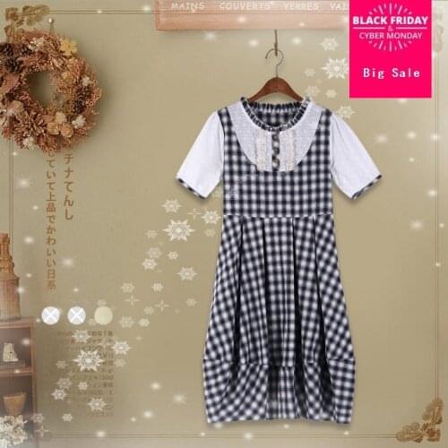 Mori Girl 2018 summer Original Houndstooth Short Sleeve loose was thin lolita cute Dress female college style plaid dress L558