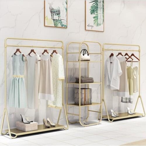 Clothing store display rack floor type side hanging light luxury gold display shelf rack combination