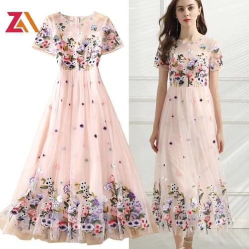 ZALady Designer Pink Maxi Dress Embroidery Elegant Floral Mesh Princess Mesh Long Dresses For Women 2021 Plus size Party Clothes