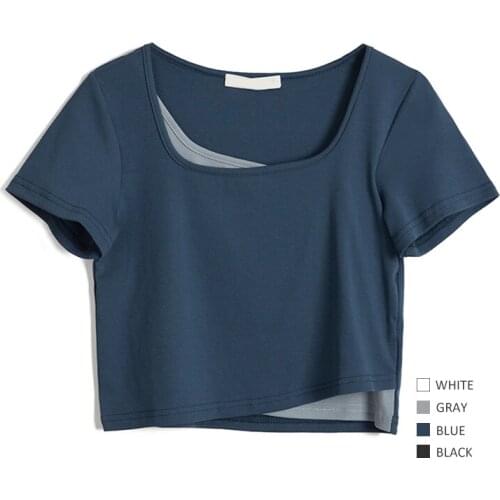 [Front piece, real two-piece layering effect] Navy blue, high-waist straight short-sleeved top, womens square neck T-shirt