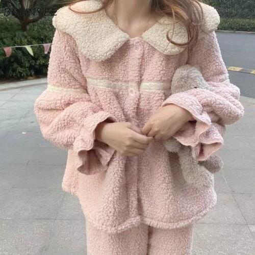 Women Pajama Sets Winter Loose Warm Cute Sleepwear Long Sleeve Thicken Plus Velvet Korean Style Lace Patchwork Leisure Female