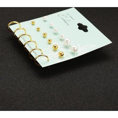 Small Simulated Pearl Golden Silver Plated Beads Openning Hoop 3 Kinds Women Stud Earrings 9 pairs/set