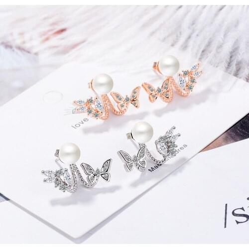Rose Gold Pearl Butterfly 925 Sterling Silver Stud Earrings For Women Korean Tendy Fashion Earrings Aretes De Mujer