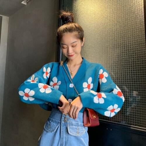 Women Sweaters Tops 2021 Autumn Winter Floral Long Sleeve V Neck Cardigan Knitted Coats Casual Loose Sweater Female Knitwear