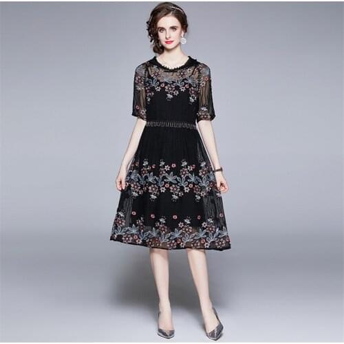 Designer HIgh Quality Floral Embroidery Lace Dress Women Short Sleeve Slim Shath Dress Summer Vintage Dresses Vestidos