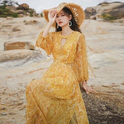 2021 New Arrival Autumn Boho Women Maxi Dress Lantern Sleeve Sexy Hollow Out Beach Dress Luxury Rivet Vacation Holiday Clothes