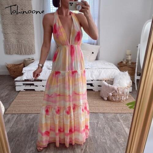 Tobinoone Crisscross Knot Ruffle Tie Dye Sexy Dresses Women Deep V Neck Backless High Waist Maxi Dress Party Evening Vestidos
