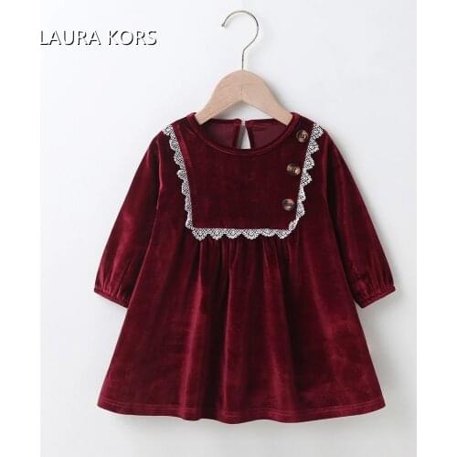 Winter 2020 Girls Dress Girls Cute Velvet Long Sleeve White Lace Claret Dress Cute Dress Vestidos 0-24M