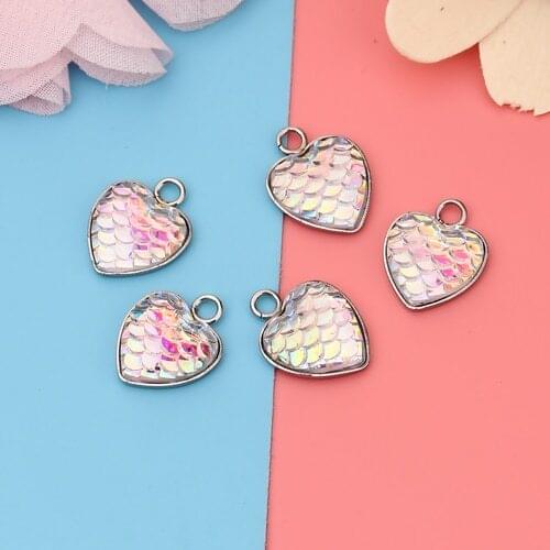 10 PCs 304 Stainless Steel Resin Heart Mermaid Fish Dragon Scale Charms Silver Color White AB Color 16mm( 5/8") x 13mm( 4/8")