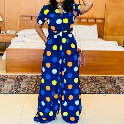 African Short-Sleeved Jumpsuit Urban Women Clothing Loose Polka Dot Printing Blue Casual Trousers Summer New African Jumpsuit