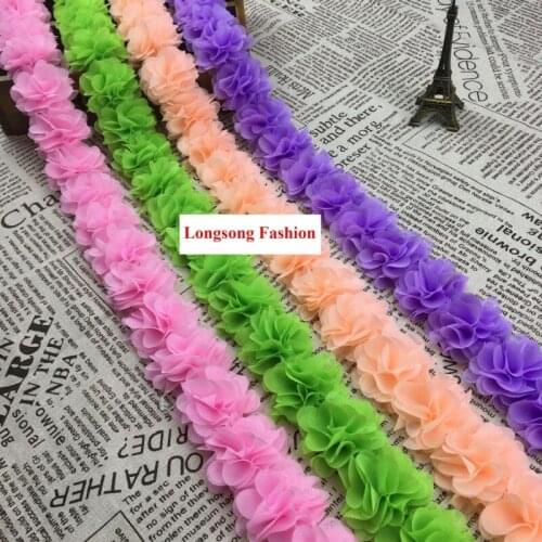 Free Shipping 10 yards/lot Chiffon Flower Trim Fabric Flower Banding For Wedding Hair Accessories DIY LSXE001