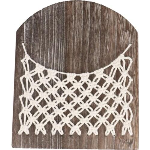 Bohemia Wood Magazine Storage Basket Woven Hanging Pocket Wood Shelf Organizer Display Rack for Home Wall Decoration