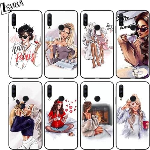 Fashion Girl Coffee for Huawei Honor 30 20 10 9S 9A 9C 9X 8X MAX 10 9 Lite 8A 7C 7A Pro Silicone Black Phone Case