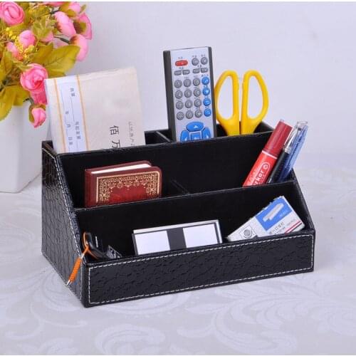 Home office 5-slot wood leather desktop stationery pen pencil holder organizer store box case office accessories croco black203C