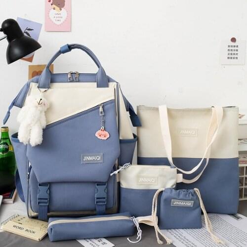 Large Capacity 5Pcs/Set Canvas Designer Backpacks Women School Bags for Teenage Girls Bookbags Travel Backpack Students Rucksack