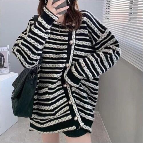 Women striped cardigan Korean style full sleeve single breasted irregular long knitted sweater cardigan autumn women streetwear