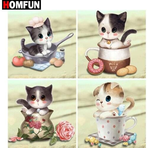 HOMFUN Diamond painting "Cartoo Cat flower cup pot"Full Square/Round Drill Wall Decor Inlaid Resin Embroidery Craft Cross stitch