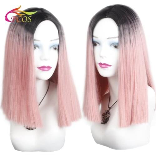 Short Synthetic Blonde or Smoky Pink Straight Bob Wigs for Women Middle Part Nature Daily Use Hair Wigs Dyed Dark Root