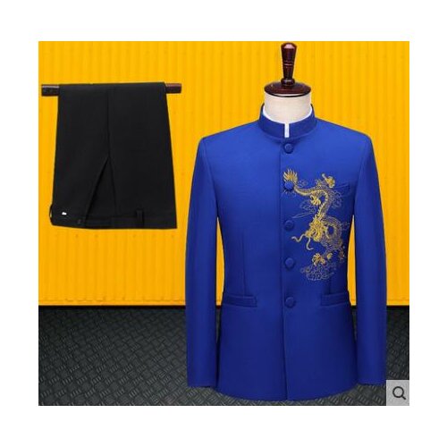 Blue blazer men groom suit set with pants Embroidery dragon formal dress mens wedding suits singer stage clothing stand collar