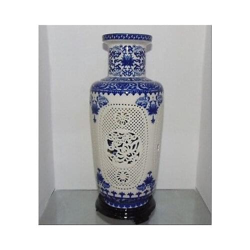 Beautiful China porcelain 2 set double hollow carved blue and white big vases