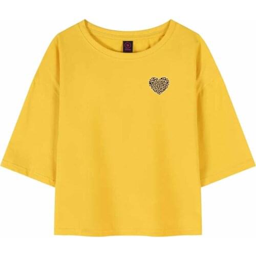 Leopard Heart Crop Top T Shirt Print T Shirt Harajuku Fashion Graphic Tee Yellow Top Women Trendy Clothes for Women Korean Tee