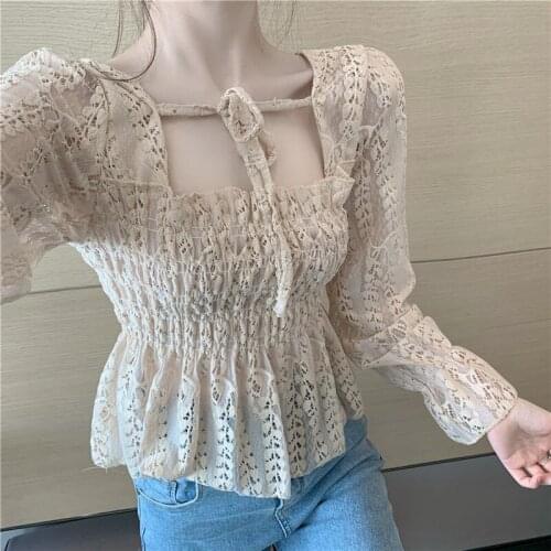 Lace blouse Puff sleeve shirt women all-match design spring 2021 new lace bottoming shirt tops clothes