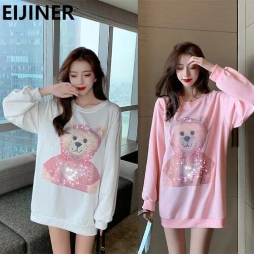 Hot Diamond Crewneck Cartoon Bear Long-Sleeved Hoodie Women 2021 Spring Korean Crystal Oversized Sweatshirt Thin Kawaii Clothes
