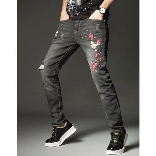 Mens Jeans New Personalized Embroidered Elastic Holed Jeans Mens Jeans