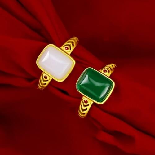 Natural Green Jade Agate Rings for Women Men Couple Wedding Statement Jewelry Ancient Sand Gold White Chalcedony Gems Tail Ring