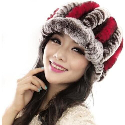 New Knit Rabbit Fur Cap Hats for Women Winter Floral Faux Fur Hat Elastic Caps Warm Fashion Ladies Snow Hat Wholesale Retail