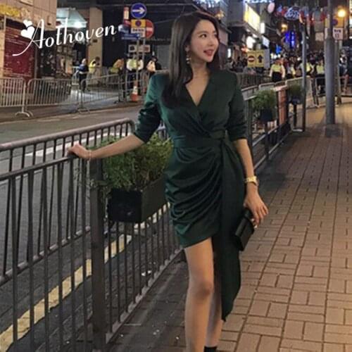 Solid 2019 Spring Asymmetrical Dress Women Blue Green Long Sleeve V-neck Party Club Dress Vintage Elegant Draped Dresses Vestido