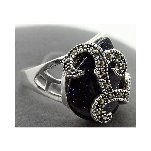 Wholesale good 18*16mm Rare 925 Sterling Silver Natural Blue Sandstone Marcasite Ring Size 7/8/9/10 Fine mans jewelry Genuine