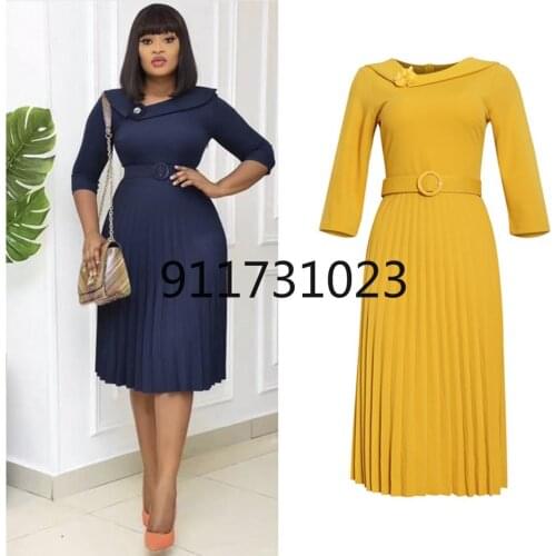 Women Long Sleeve African Pleated Dresses For Women High Waist Midi Slim Dress Elegant Ladies Fashion Vestidos Robes