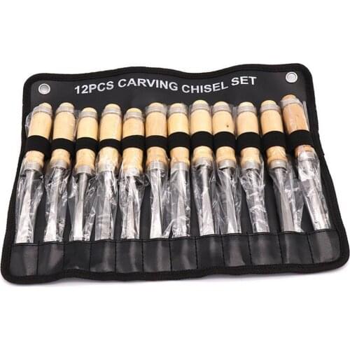 12Pcs Wood Carving Hand Chisel Tool Set Carbon Steel Carpenters Woodworking Carving Chisel DIY Drill Bit Hand Carved Tools