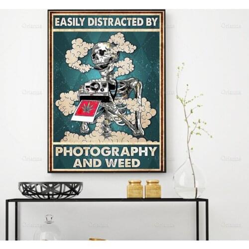 Skeleton Easily Distracted By Photography and Weed Poster Funny Skeleton Print Printable Wall Art,Modern Home Decoration Canvas
