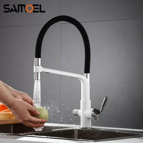 High-end Brass White Lacquer Kitchen Sink Faucet Pull Down Two Handle 3-way Kitchen Healthy Drinking Water Tap Mixer W3059