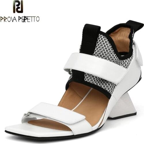 Square Toe Shaped Heel Leather Stitching Mesh Roman Sandals Female Personality Fashion Fish Mouth Bag with Velcro High Heels