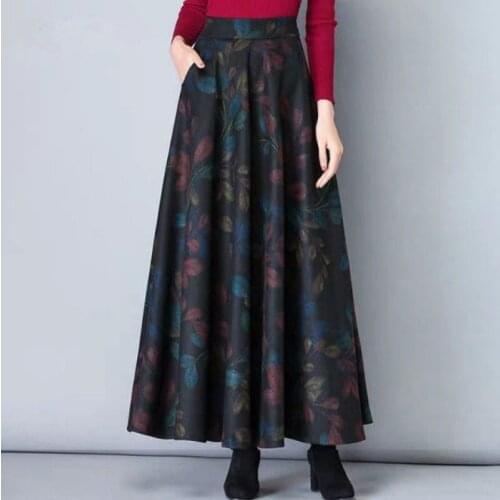 Autumn Winter Woolen Print Womens 2021 New High Waist Medium Length A-line Large Swing Shows Thin Long Skirt Leaf Flower