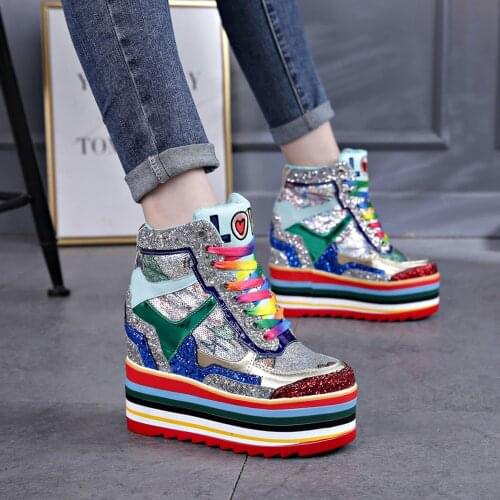 Womens Round Toe Sequins Bling Match Colors Platform Ankle Boots Super High 12cm Heel Rainbow Color Casual Punk Shoes New 2021