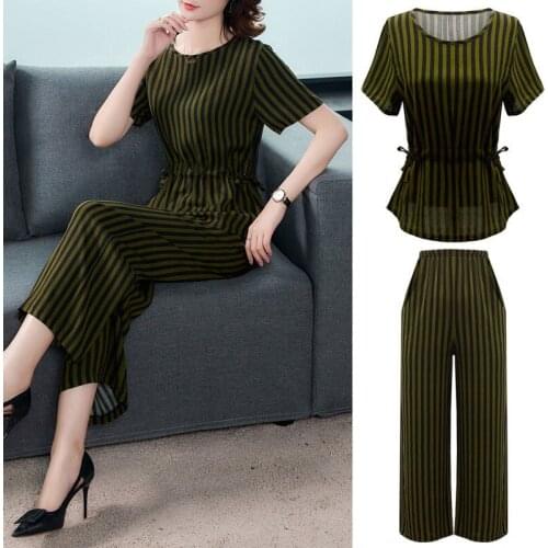 Fashion Womens Sets Middle-aged Lady Summer Sets Cotton Short Sleeve T-shirt & High Waist Pants Suits Elegant 2 Piece Sets L402