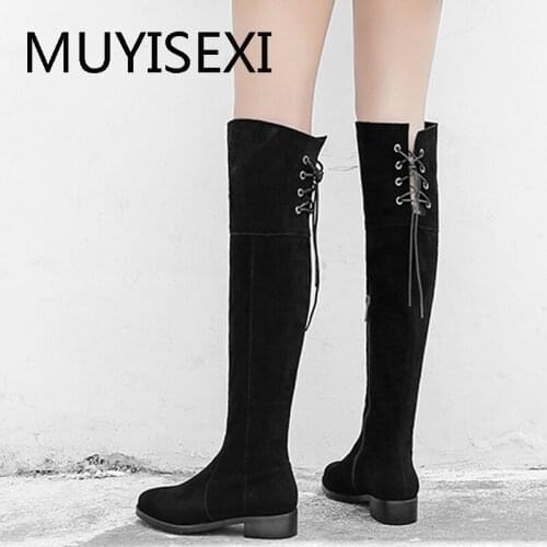 Womens Winter Warm Thigh High Boots Black Over the Knee 3 cm Low Heel Lace Decoration Full Real Suede Leather LDI02 MUYISEXI