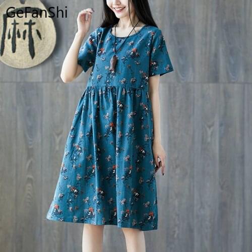 Fashion 2021 New Women Dresses Casual Chinese Style Cotton Summer Dress Short Sleeve O-Neck Loose Print Floral Vintage Dress