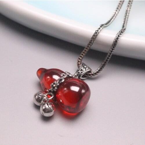 Real 925 Silver Necklace for Women Red Garnet Bell Gourd Pendant Wheat Chain Necklace Jewelry 20inch Gift