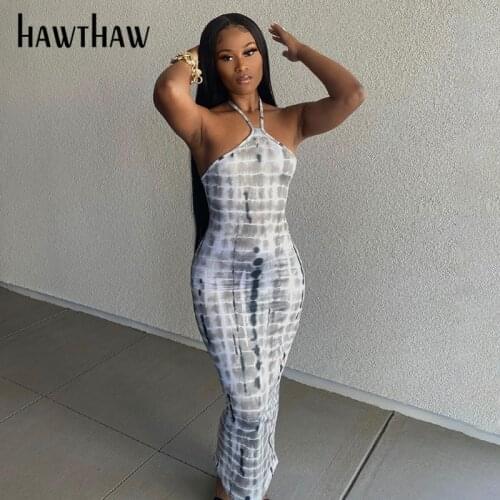 Hawthaw Women Summer Fashion Sleeveless Halter Printed Bodycon Pencil Long Dress Sundress 2021 Female Clothing Streetwear