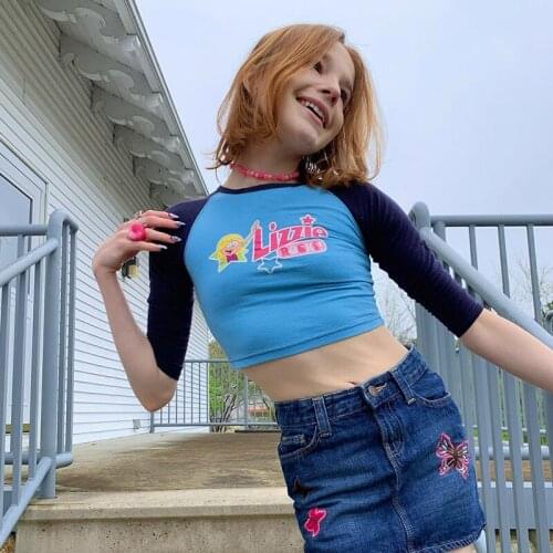 2021 Womens Round Neck Crop Tops Cute Cartoon Letter Print Half Sleeve Raglan T-Shirts For Daily Wear Club Party Dating Travel