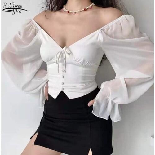 2021 Sexy V-neck Chiffon Shirts Women Splicing Big Lantern Sleeve Blouse Womens Thin Long-sleeved Blouses Chemisier Femme 15603
