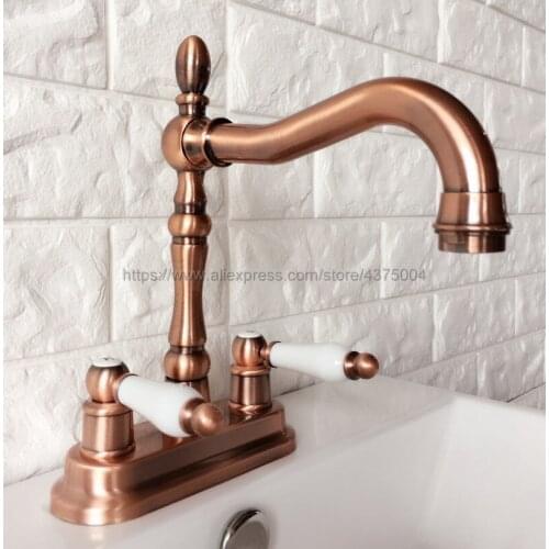 Antique Red Copper Double Handle Bathroom Basin Sink Tap Hot and Cold Water Mixer Tap Deck Mounted Swivel Spout Faucet Nrg049