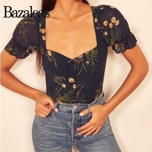 Bazaleas France Floral Print Navy Women blouse Vintage Slim Elastic Tops Elegant blusas mujer de moda 2020